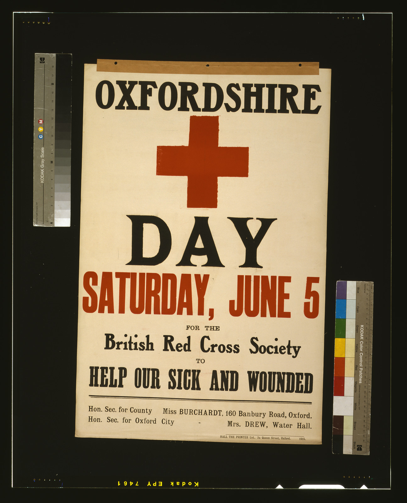 Oxfordshire [Red Cross] day, Saturday, June 5, for the British Red Cross Society to help our sick and wounded / Hall the Printer Ltd., 3a Queen Street, Oxford. 1915., [S.l. : s.n.], 1915. — vintage poster