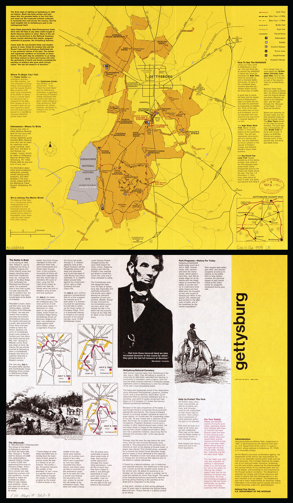 Gettysburg National Military Park visitor brochure with map and text — antique map