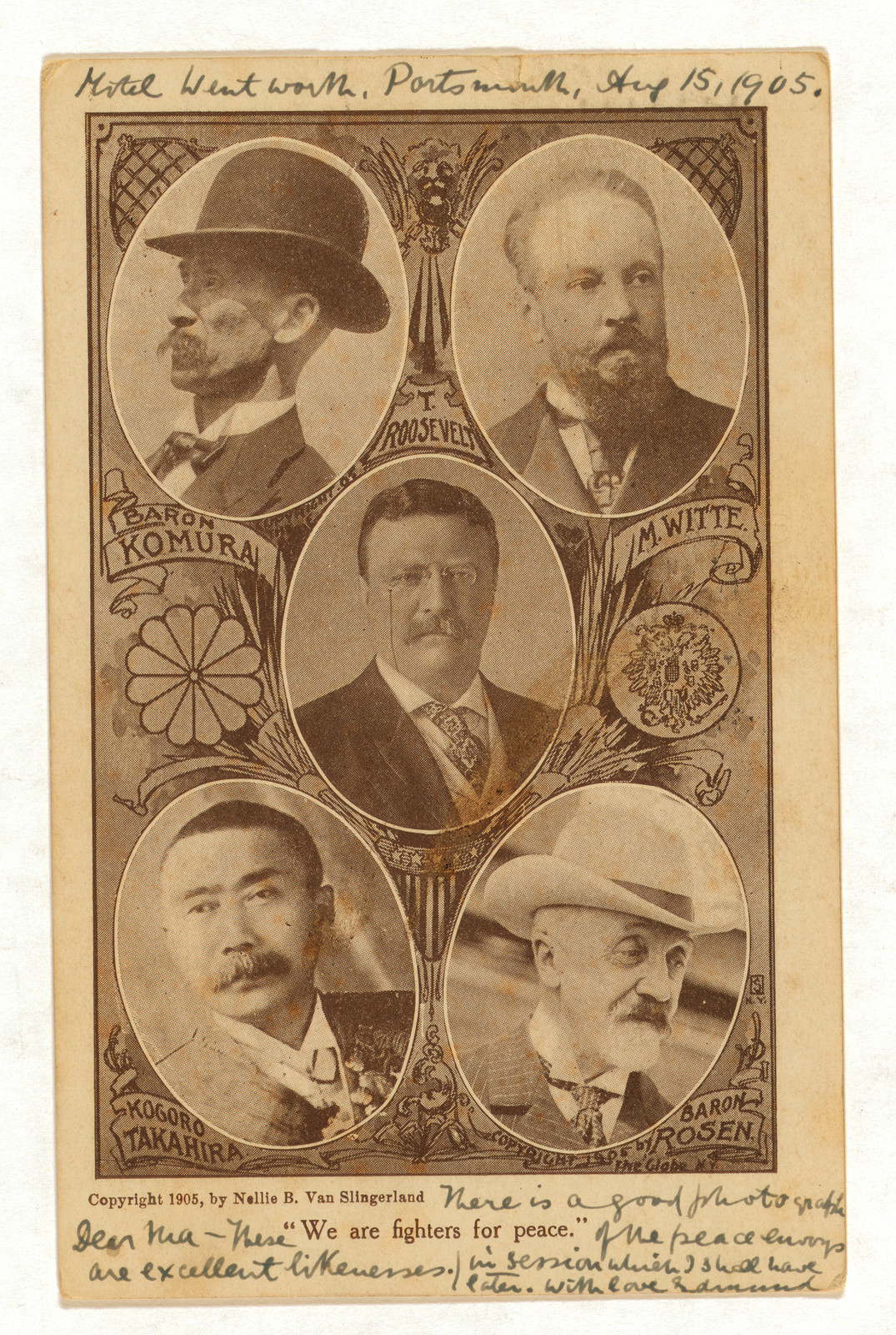 Postcard of Portsmouth peace envoys, 1905, five portraits — vintage postcard