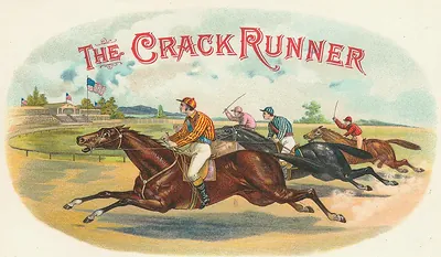 The Crack Runner cigar box label with racehorses