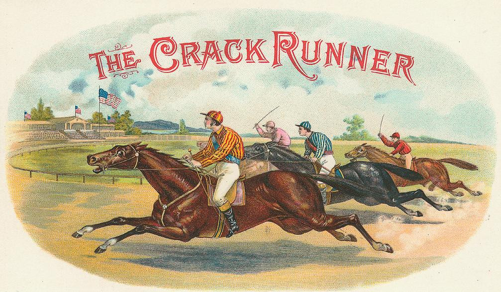 The Crack Runner cigar box label with racehorses — historic image