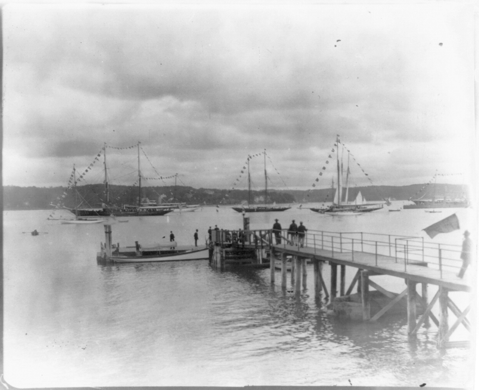 [New York - Oyster Bay, Long Island Yacht Club: looking past pier to sailing yachts at anchor], [1905] — historic photograph