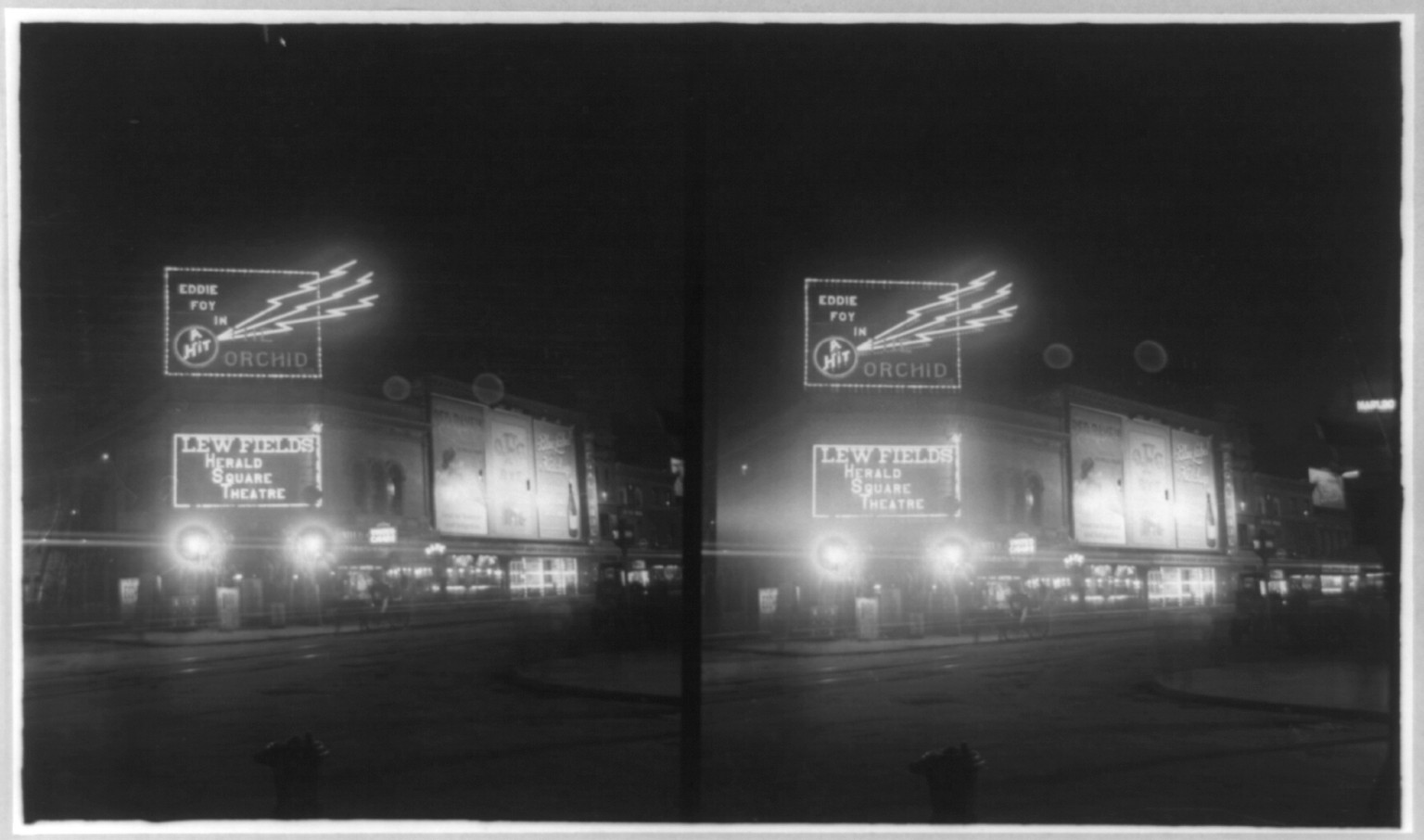 [Broadway and Herald Square Theatre at night, New York City], c1907. — stereograph