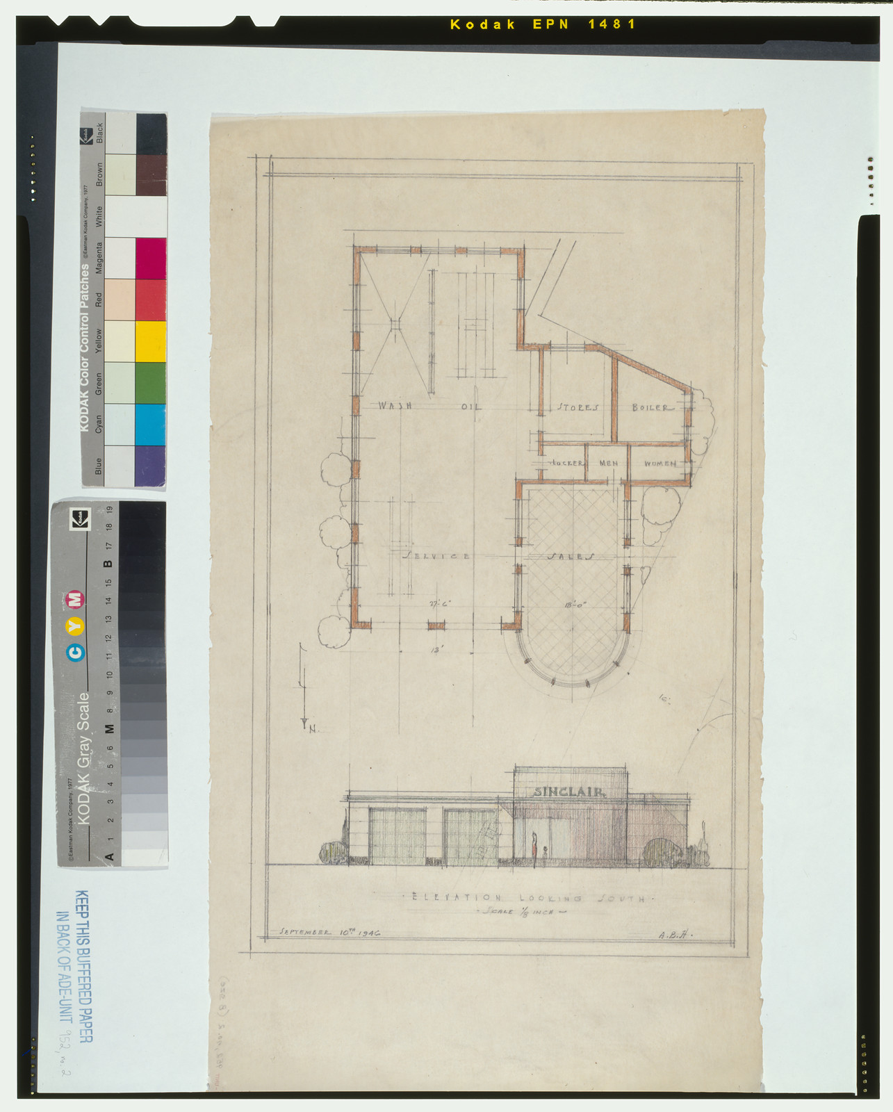 [Automobile service station for Sinclair Oil Refining Co. Plan and elevation] / A.B.H., And Engineering (ADE) Drawings — historic drawing