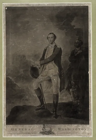 General Washington standing with hat and cane, mezzotint engraving