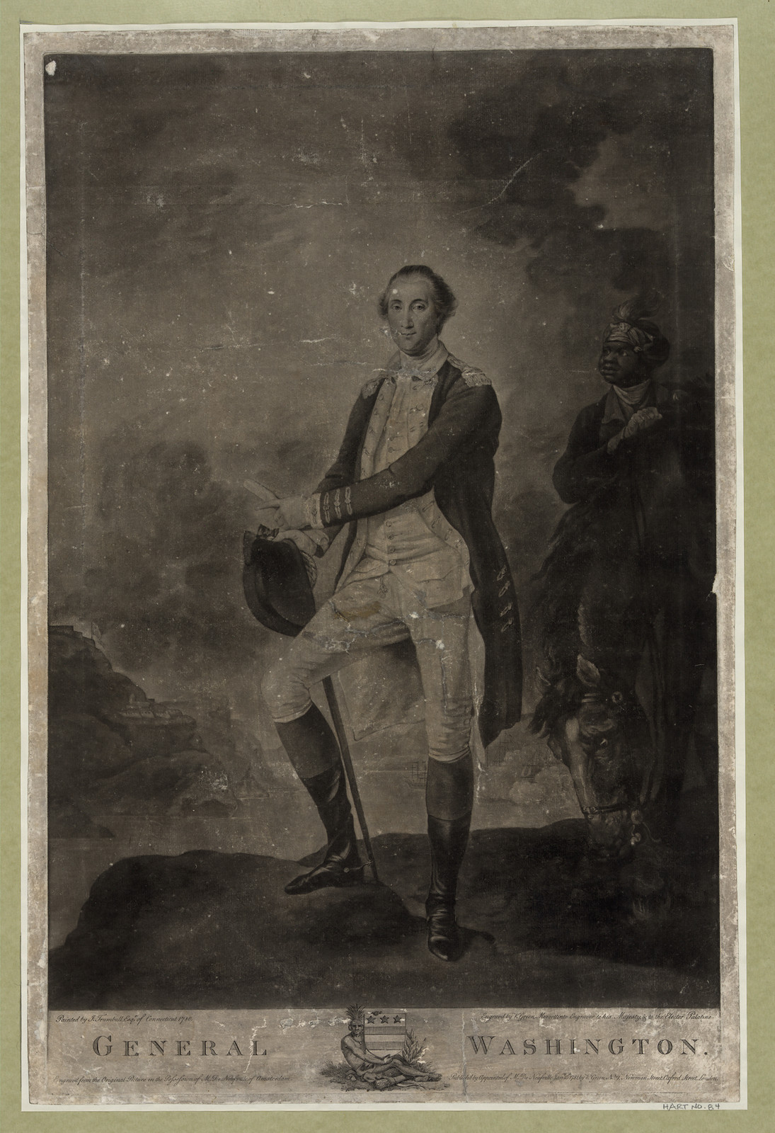 General Washington standing with hat and cane, mezzotint engraving — antique engraving