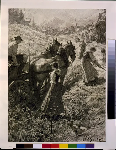 Charcoal drawing of horses and a cart in a mountain meadow