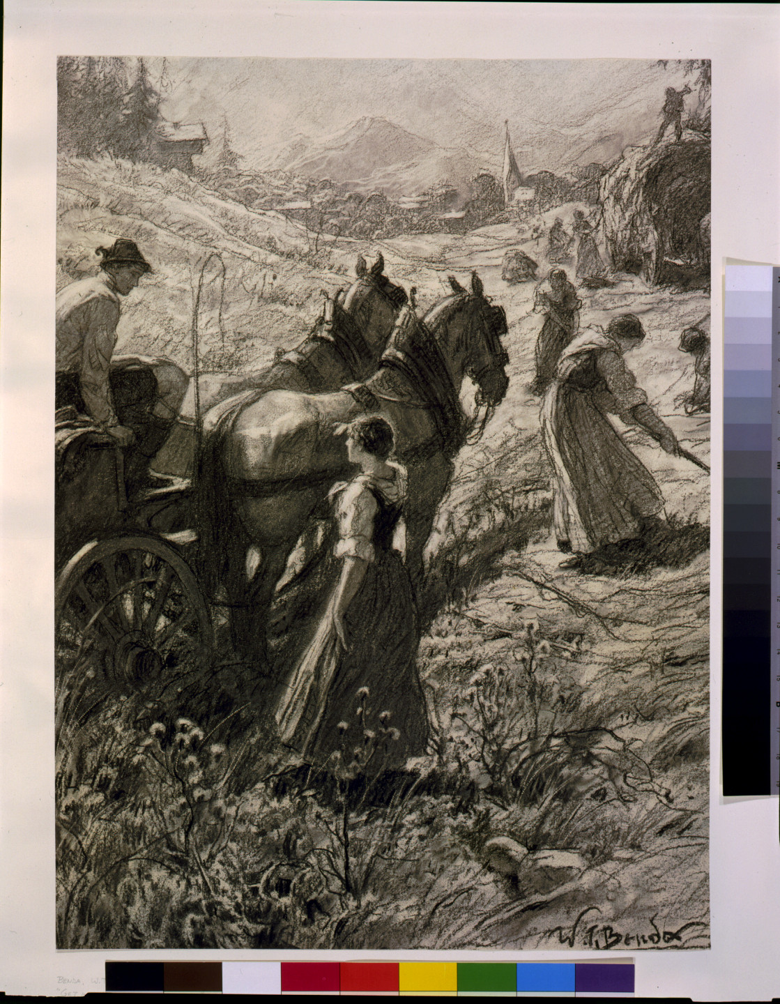 Charcoal drawing of horses and a cart in a mountain meadow — historic drawing