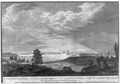 A south west view of the city of New York, in North America Vue de sud ouest de la ville de New York, dans l'Amerique Septentrionale / drawn on the spot by Capt. Thomas Howdell, of the Royal Artillery ; engraved by P. Canot.
