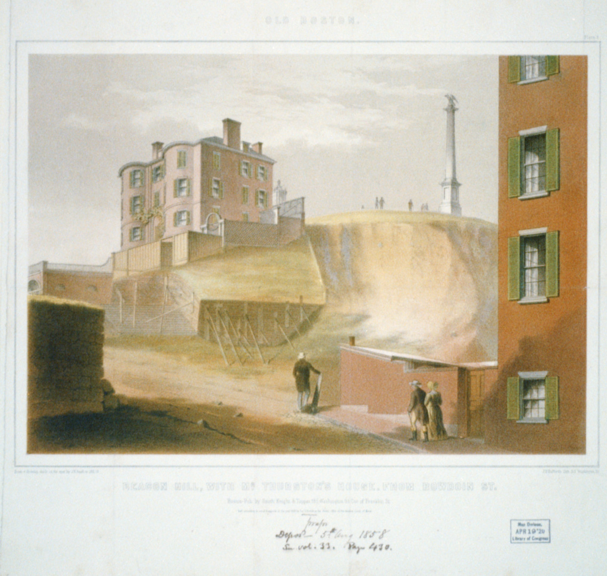Old Boston - Beacon Hill, with Mr. Thurston's house - from Bowdoin Street, [no date recorded on shelflist card] — historic print