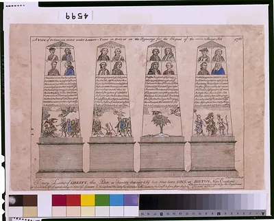 A view of the obelisk erected under Liberty-tree in Boston on the rejoicings for the repeal of the ---- Stamp Act 1766 / Paul Revere, sculp.