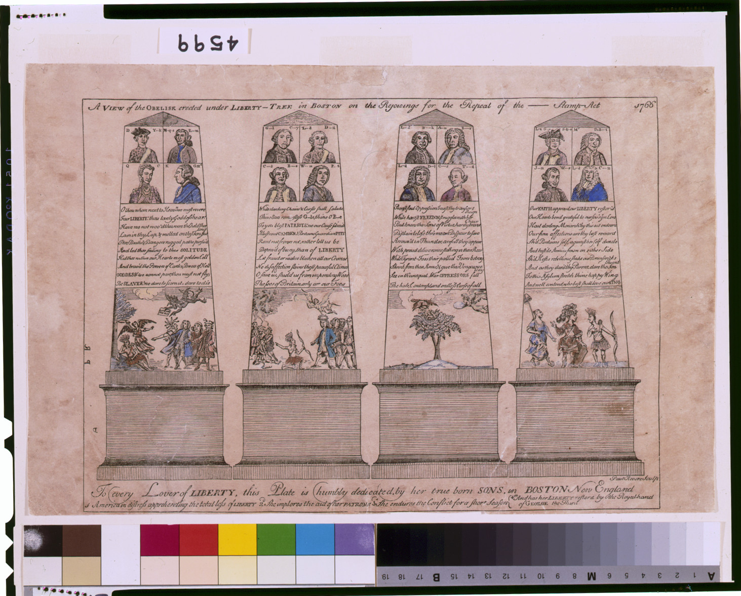 A view of the obelisk erected under Liberty-tree in Boston on the rejoicings for the repeal of the ---- Stamp Act 1766 / Paul Revere, sculp., [Boston : s.n., 1766, restrike printed in 1839 or later] — historic print