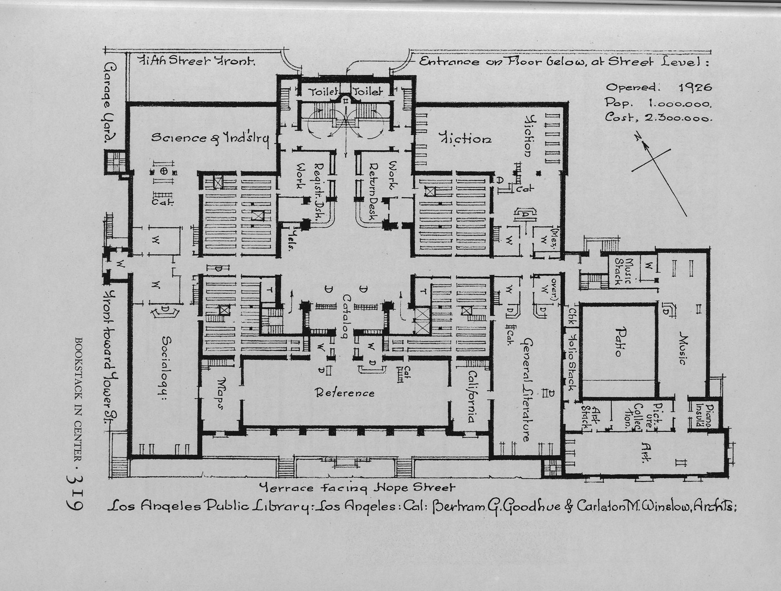Los Angeles Public Library floor plan, terrace facing Hope Street — historic image