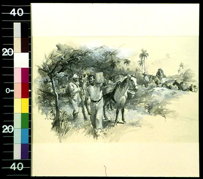 Ink and wash sketch of men and a horse in a tropical landscape