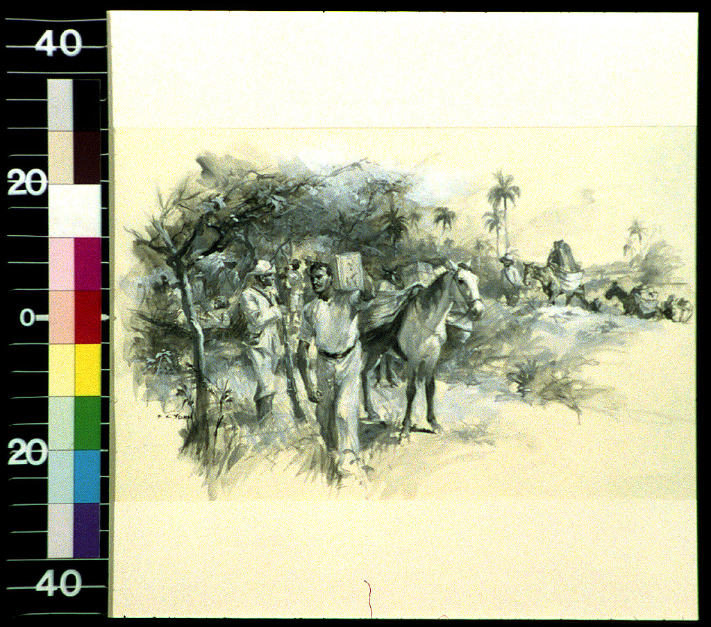 Ink and wash sketch of men and a horse in a tropical landscape — historic image