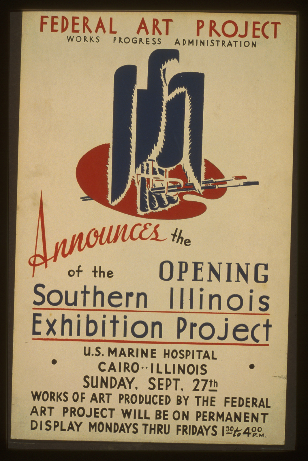 Federal Art Project Works Progress Administration announces the opening of the Southe, 1936 — vintage poster
