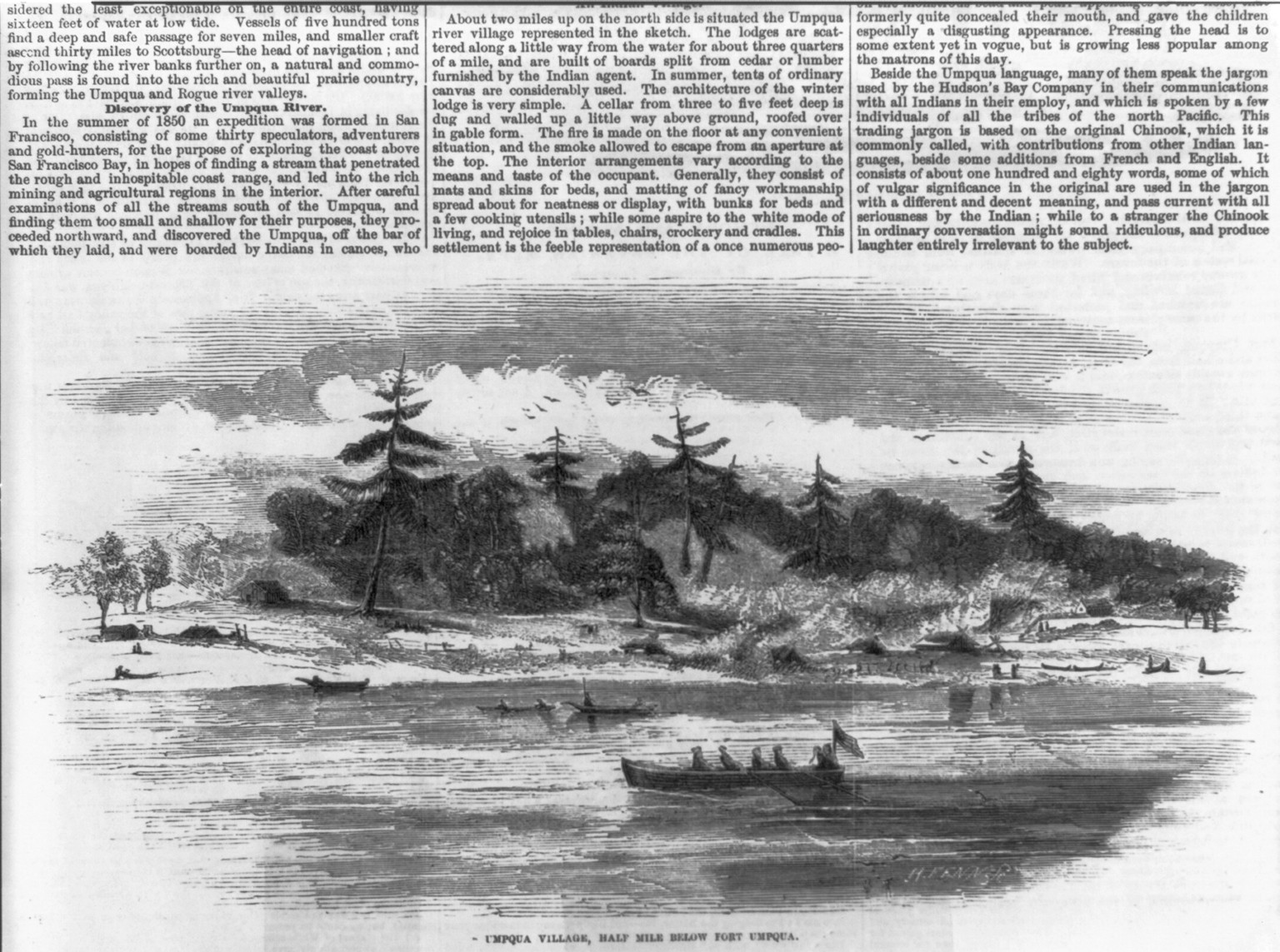 Umpqua Village, half mile below Fort Umpqua, 1858 — antique engraving