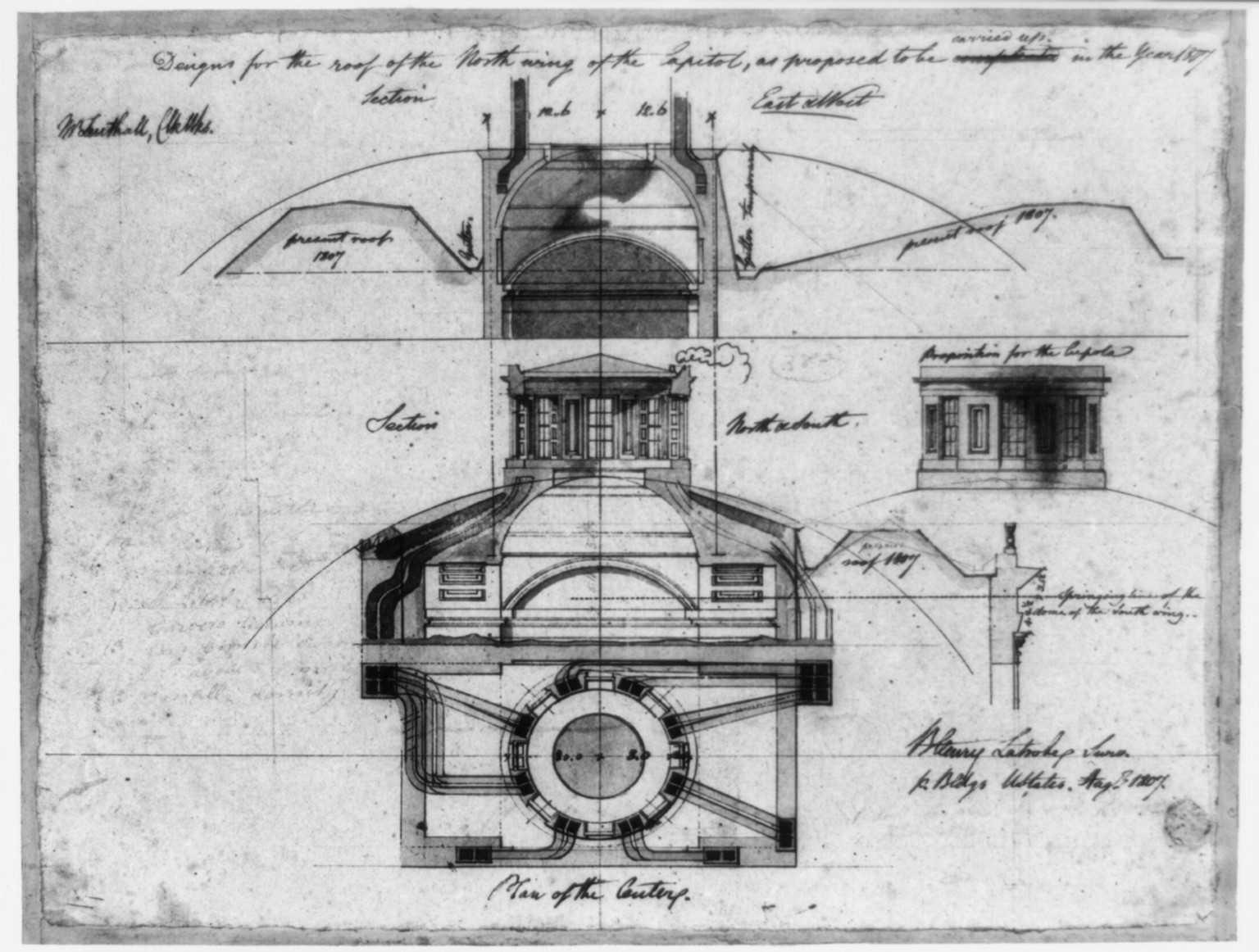 [United States Capitol, Washington, D.C. North Wing roof - plan, elevation & section], 1807 — historic drawing