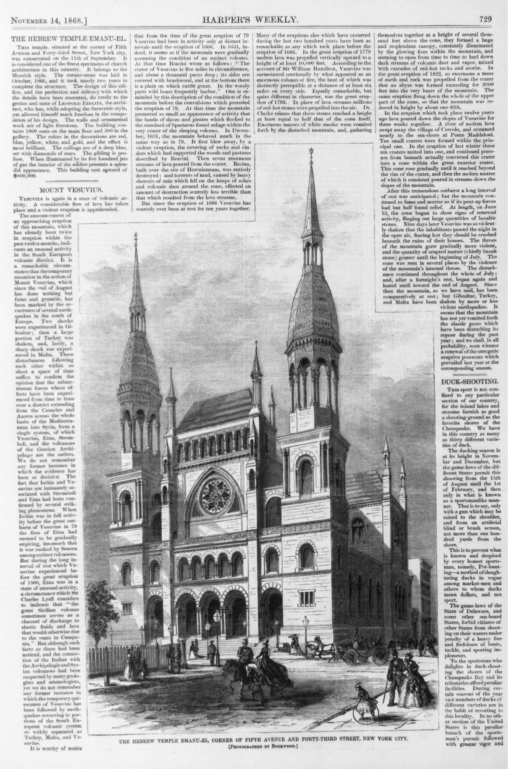 The Hebrew Temple Emanu-el, corner of Fifth Avenue and Forty-Third Street, New York City, 1868 — antique engraving