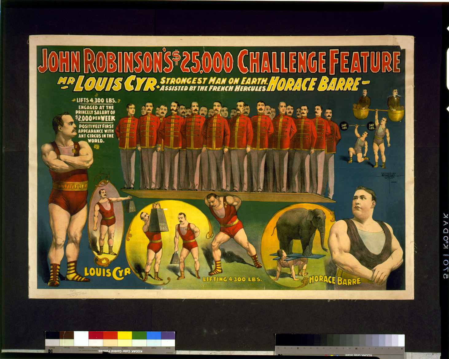 John Robinson's $25,000 challenge feature--Mr. Louis Cyr strongest man on Earth--Assisted by the French Hercules Horace Barre ..., c1898. — vintage poster