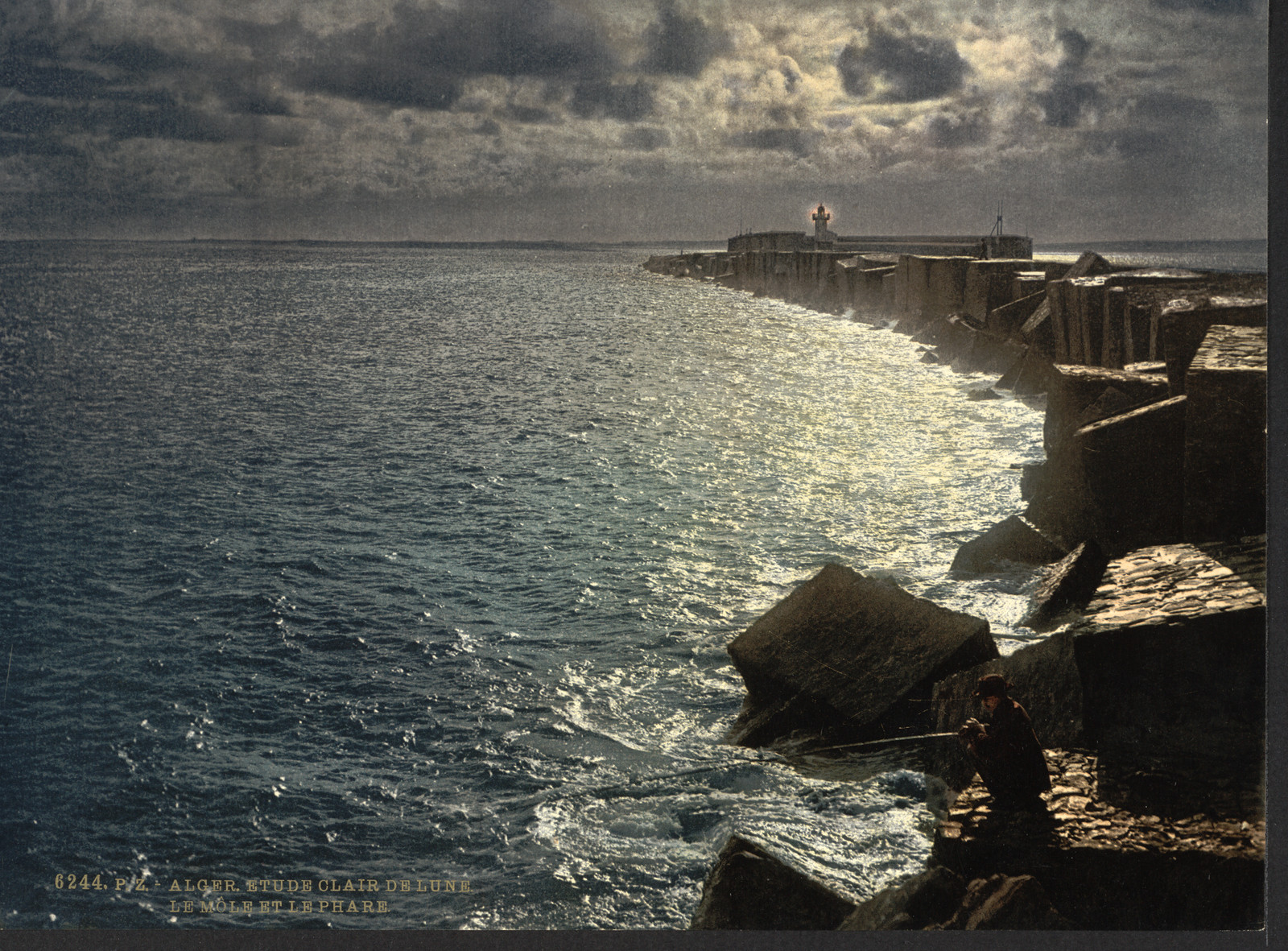[Moonlight view, with lighthouse, Algiers, Algeria], 1899 — historic image