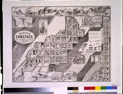 Mining on the Comstock / drawn by T.L. Dawes ; engraved and printed by Le Count Bro's., San Francisco.