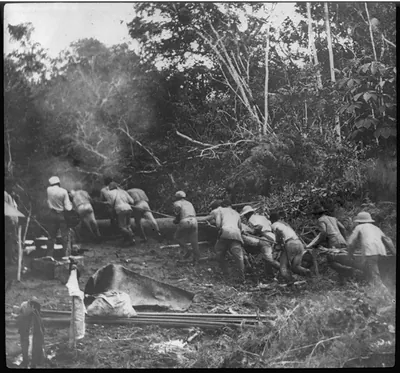 [Theodore Roosevelt, 1858-1919; lantern slide of Roosevelt's Brazil expedition, 1913, taken by his son Kermit]