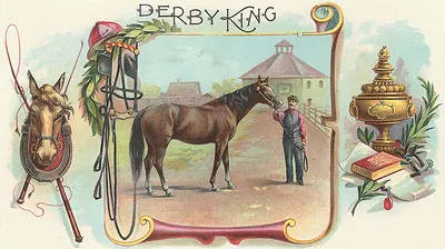 Derby King cigar box label with horse and groom