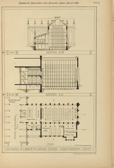 Extension of Library of Harvard College: sections and plan