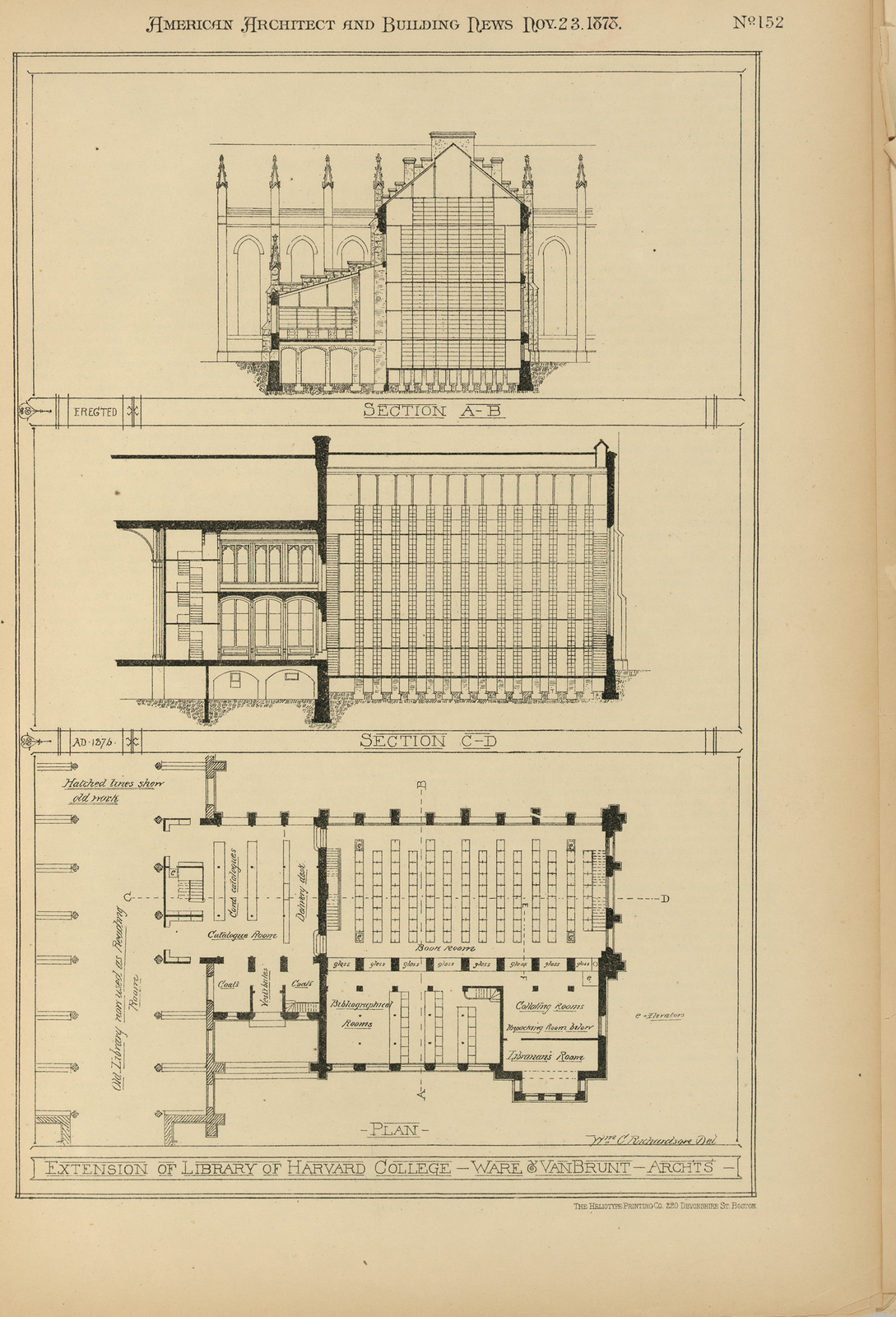 Extension of Library of Harvard College: sections and plan — historic image