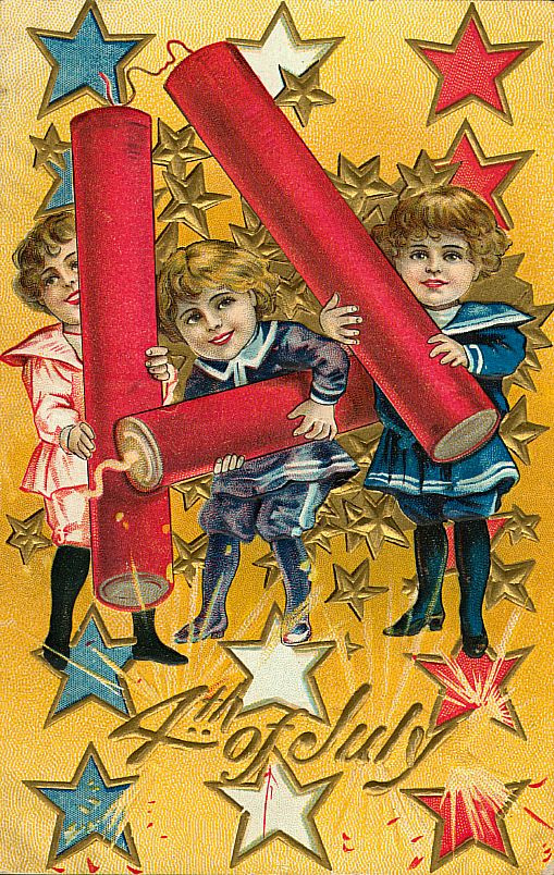 Children with giant firecrackers, 4th of July postcard — vintage postcard