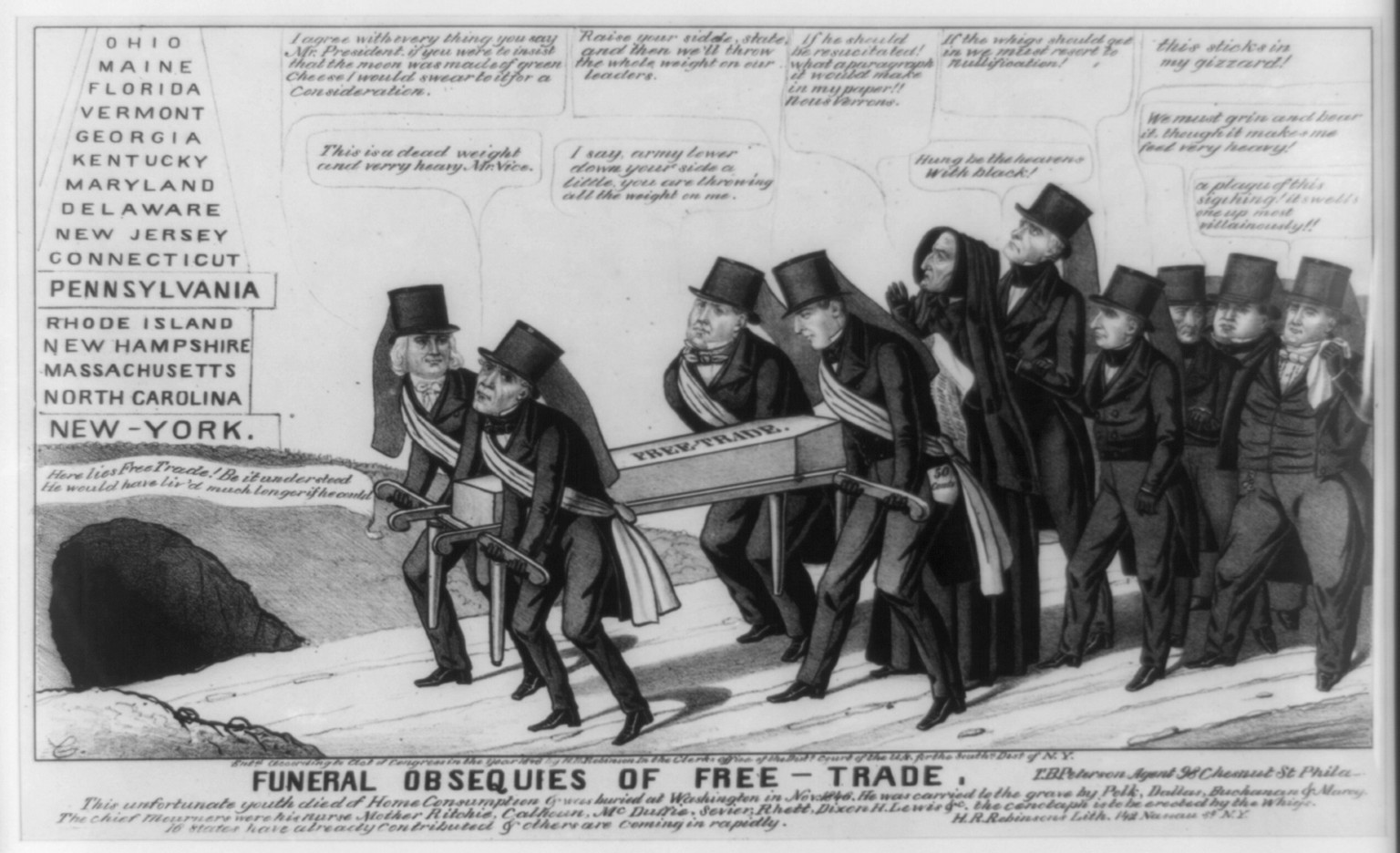 Funeral obsequies of free-trade, N.Y. : H.R. Robinson's Lith., 1846. — antique lithograph