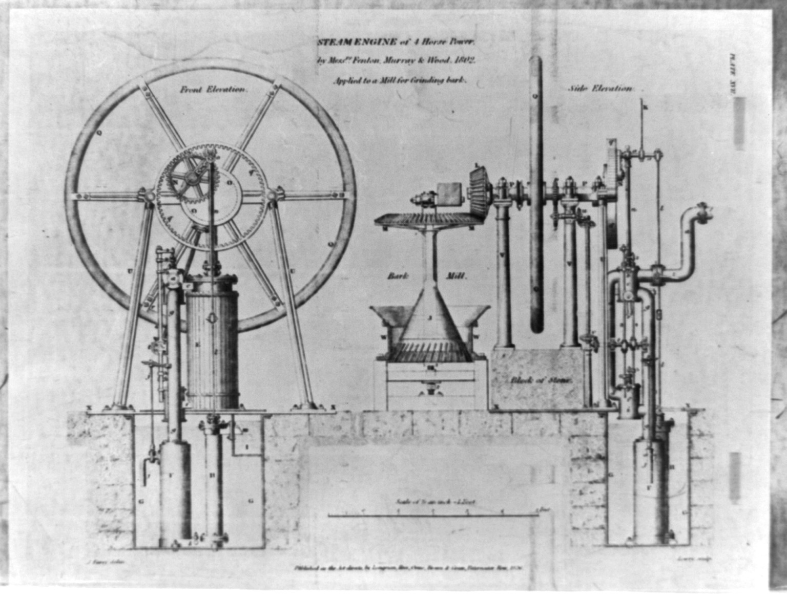 Steam engine of four horsepower by Messrs. Fenton, Murray & Wood, 1802. Applied to a mill for grinding bark, [between 1890 and 1940, originally published in 1826] — historic drawing