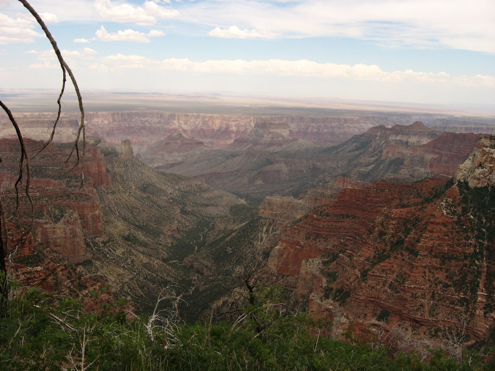 Grand Canyon view from the North Rim across layered red cliffs — historic image