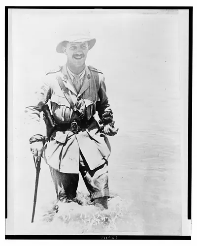 Kermit Roosevelt wading in river in Mesopotamia in 1918