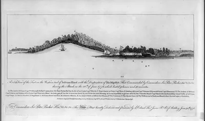 A N.b.E. view of the fort on the western end of Sulivans Island with the disposition of His Majesty's fleet commanded by Commodore Sir Peter Parker Knt. &c &c &c during the attack on the 28th. of June 1776, which lasted 9 hours and 40 minutes