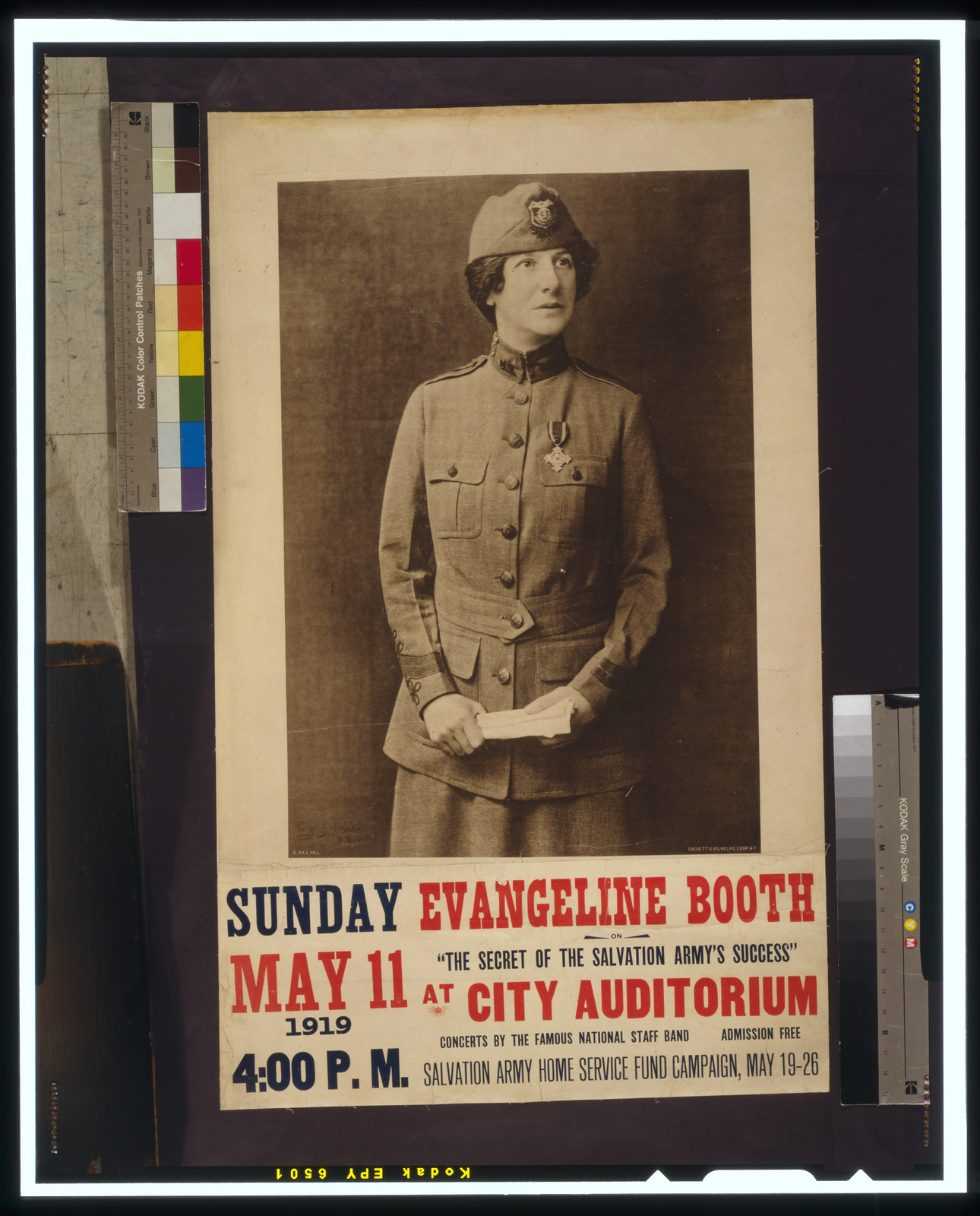 Evangeline Booth on The secret of the Salvation Army's success" at City Auditorium", N.Y. : Sackett & Wilhelms Corp., 1919. — vintage poster