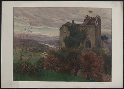 Castle on a wooded hill above a river valley