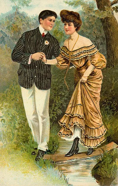 Couple in period dress crossing a wooden footbridge