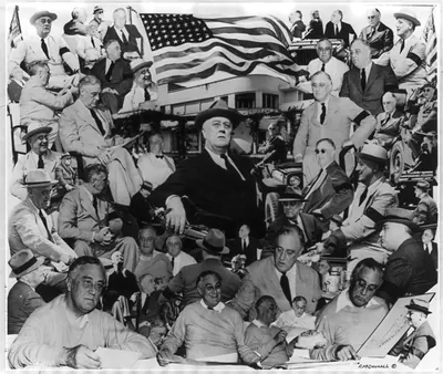 [Franklin Delano Roosevelt, bust portrait, facing slightly right, wearing hat, surrounded by a composite of approx. 60-60 photos of himself]