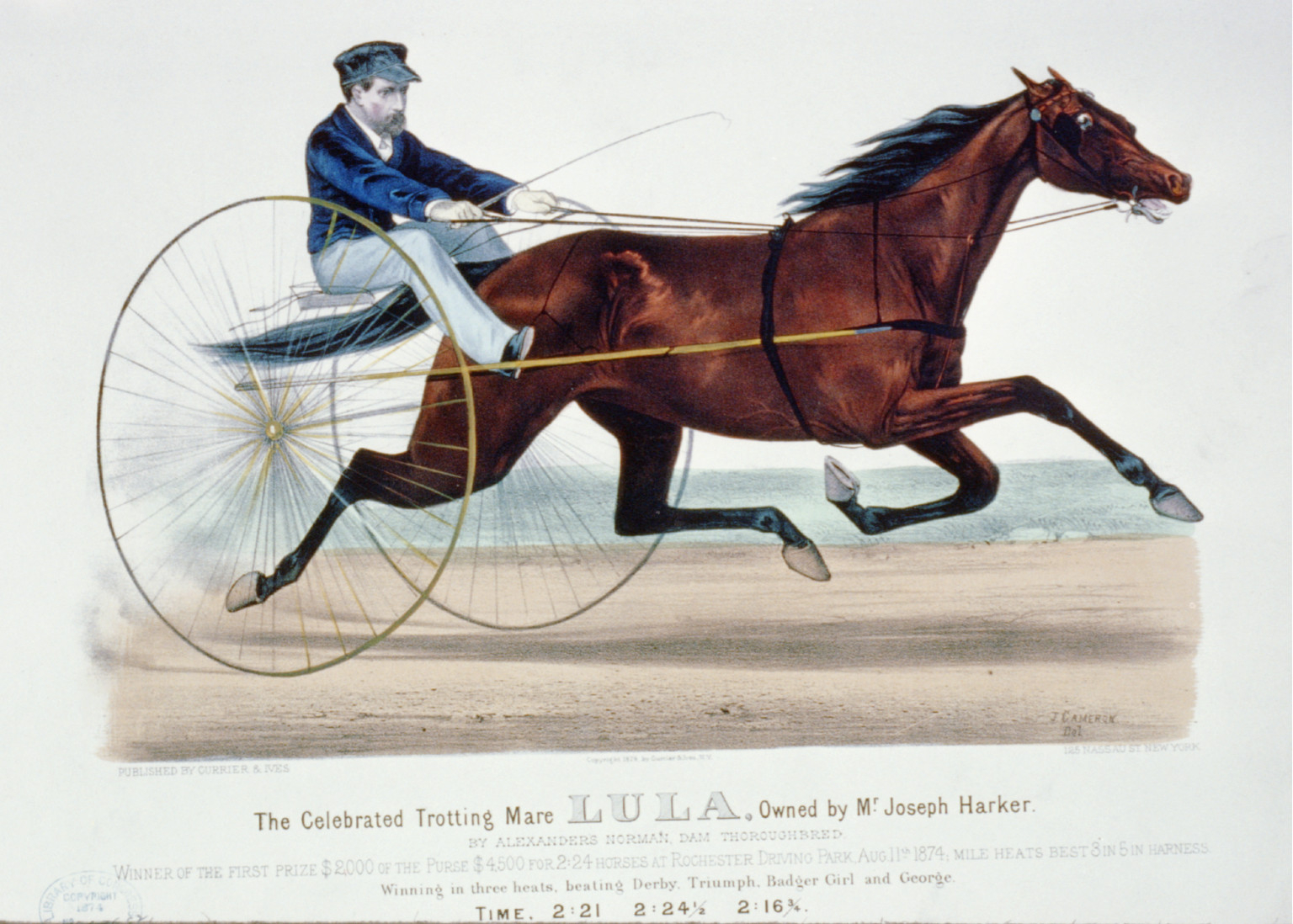 The celebrated trotting mare Lula, owned by Mr. Joseph Harker: By Alexander's Norman, dam thoroughbred, [New York] : Currier & Ives, 1874. — antique lithograph