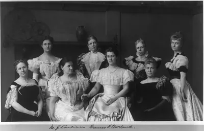 [Mrs. Frances F. Cleveland and wives of members of Cleveland Cabinet posed in Frances B. Johnston's studio, 1332 V. St., N.W., Washington, D.C.]