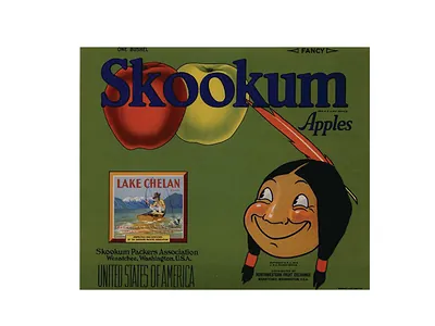 Skookum Apples fruit crate label with Lake Chelan inset