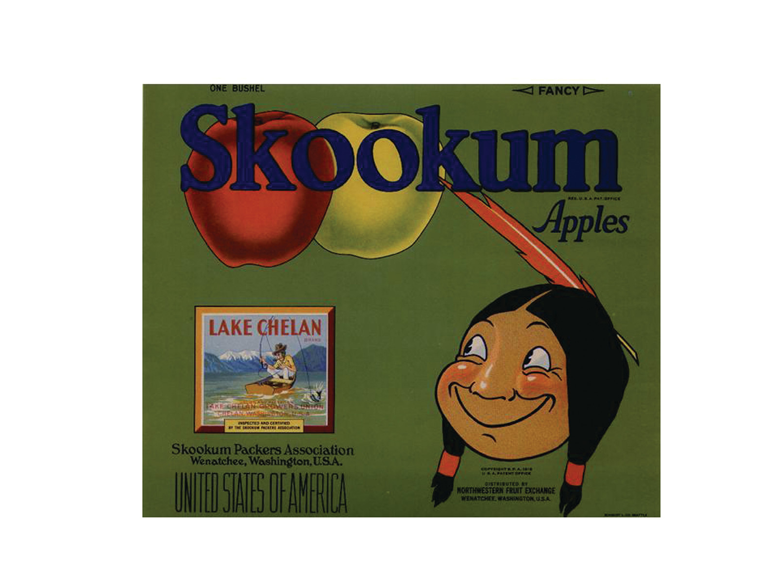 Skookum Apples fruit crate label with Lake Chelan inset — historic image