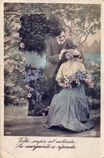 Romantic hand-colored postcard with French verse caption