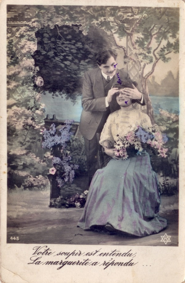 Romantic hand-colored postcard with French verse caption — vintage postcard