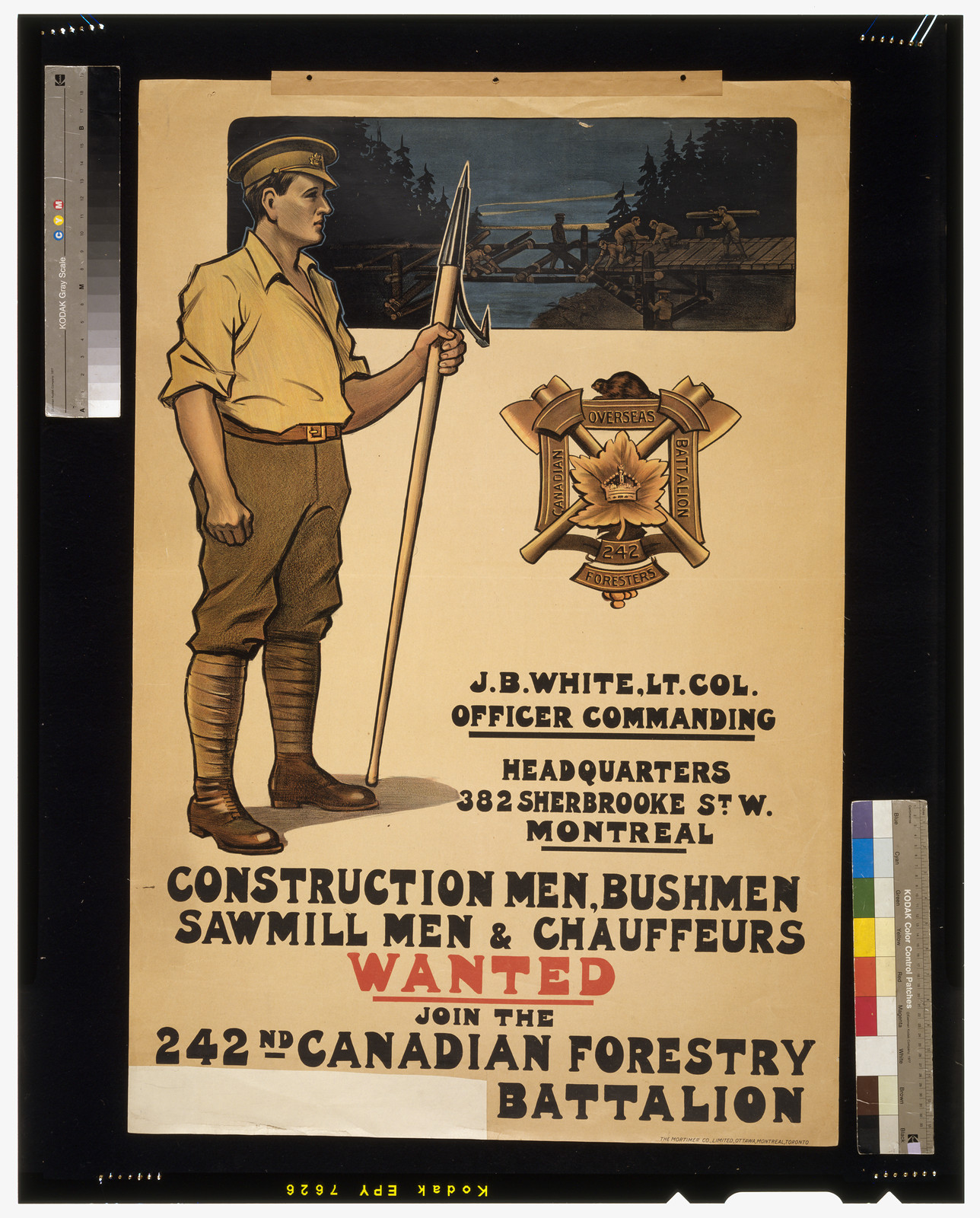 Construction men bushmen sawmill men chauffeurs wanted. Join the 242nd Canadian Forestry [section of text cut away: Overseas?] Battalion, 1915 — vintage poster