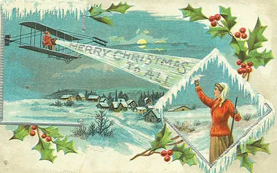 Vintage Christmas postcard: airplane writing Merry Christmas to All