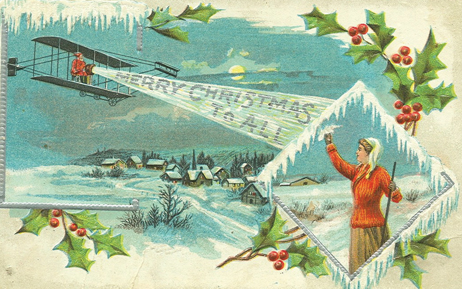 Vintage Christmas postcard: airplane writing Merry Christmas to All — vintage postcard