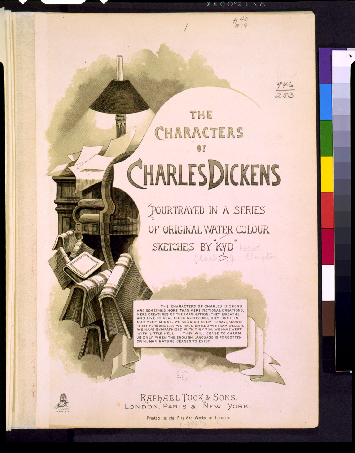 [Title page of The Characters of Charles Dickens pourtrayed in a series of original water colour sketches by 'Kyd'"]", London : Raphael Tuck & Sons, c1899. — antique lithograph